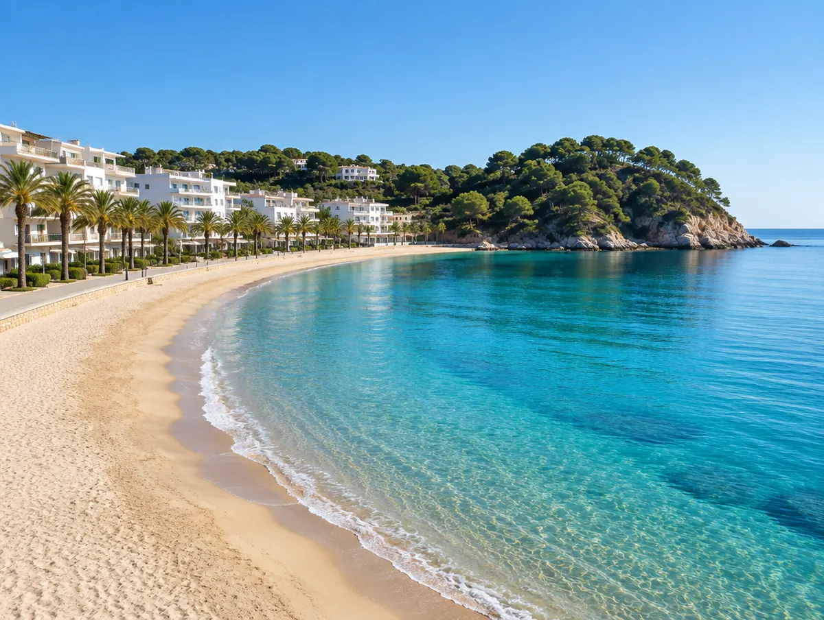KI-generiertes Bild: eine lange Sandbucht am Mittelmeer mit niedrigen wei&szlig;en Apartmenth&auml;usern hinter einer Palmenpromenade, einer mit Pinien bewachsenen Landzunge und ruhigem t&uuml;rkisfarbenem Wasser, Morgenlicht, keine Menschen