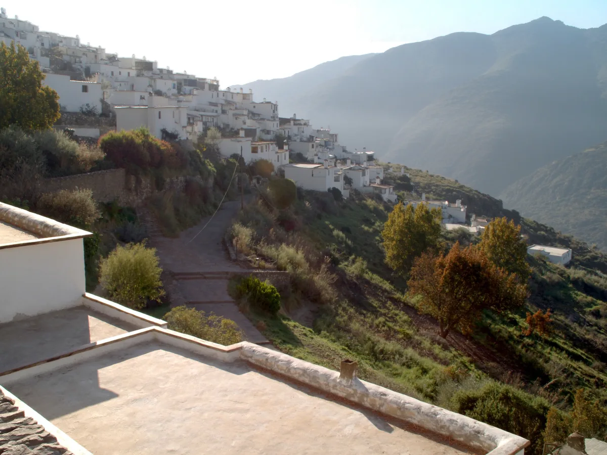 KI-generiertes Bild: weiße Alpujarra-Häuser mit Flachdächern, stufenförmig an einem steilen Terrassenhang, mit Kastanienbäumen und der hohen Sierra darüber, weiches Morgenlicht, keine Menschen
