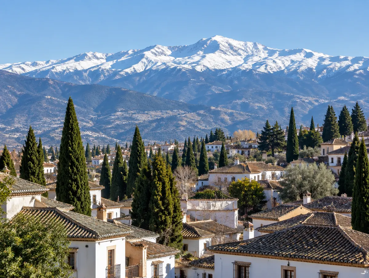 KI-generiertes Bild: eine historische andalusische Stadt mit Ziegeld&auml;chern und Zypressen, dahinter eine hohe, schneebedeckte Sierra, klares Winterlicht, keine Menschen