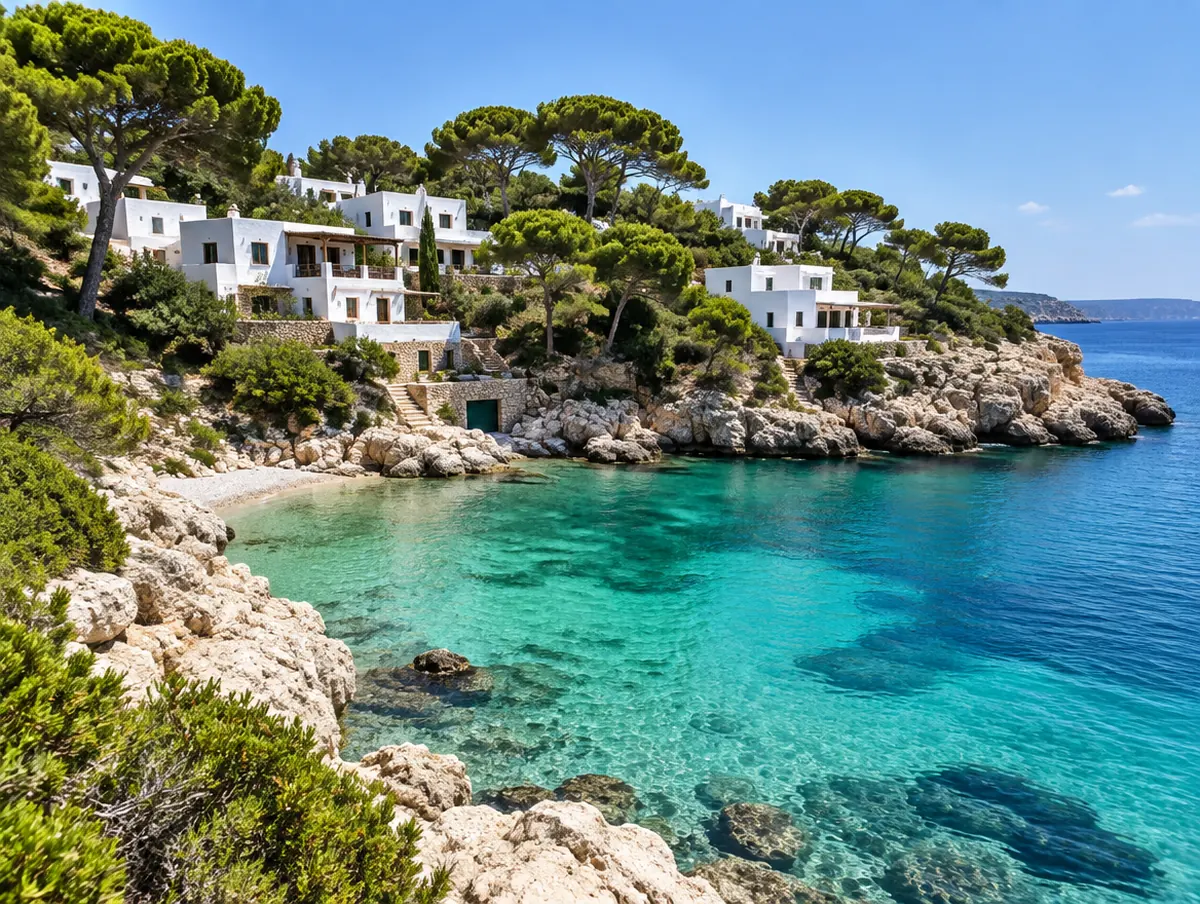 AI-generated image: a Balearic cove: whitewashed cubic houses among umbrella pines above a small turquoise bay with pale rocks, clear Mediterranean light, no people