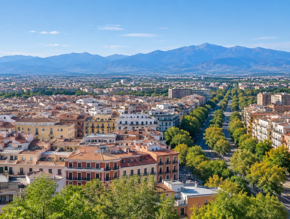 AI-generated image: a wide view across a capital city of rooftops and tree-lined avenues towards a distant blue mountain range, clear high-altitude light, no people
