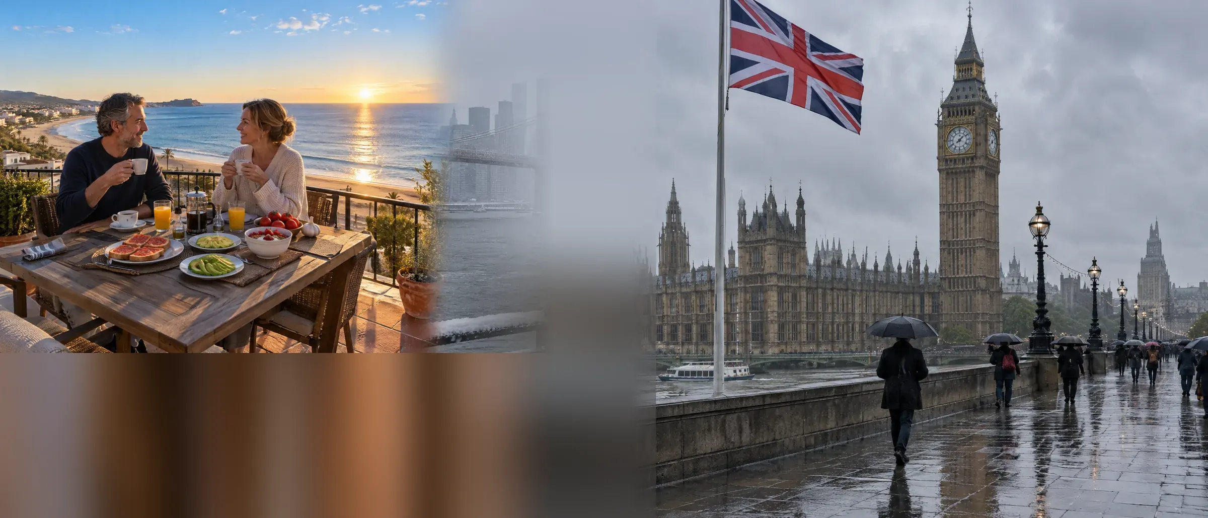 A sunny Spanish beach on the left, London on a grey day on the right