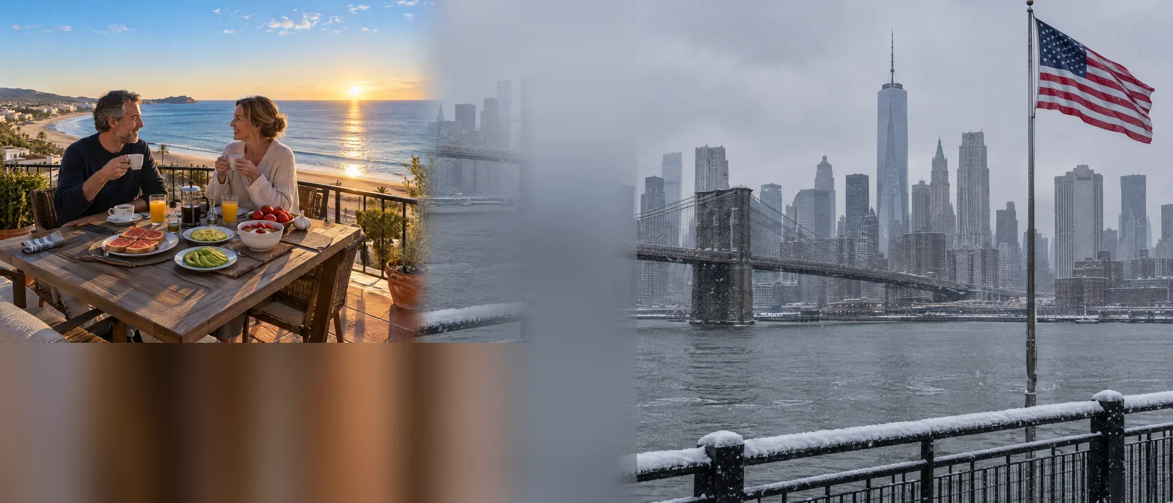 A sunny Spanish beach on the left, New York in winter on the right