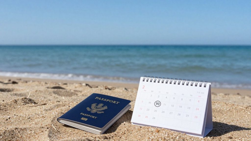 Spanish coast with passport and calendar indicating 90 days.