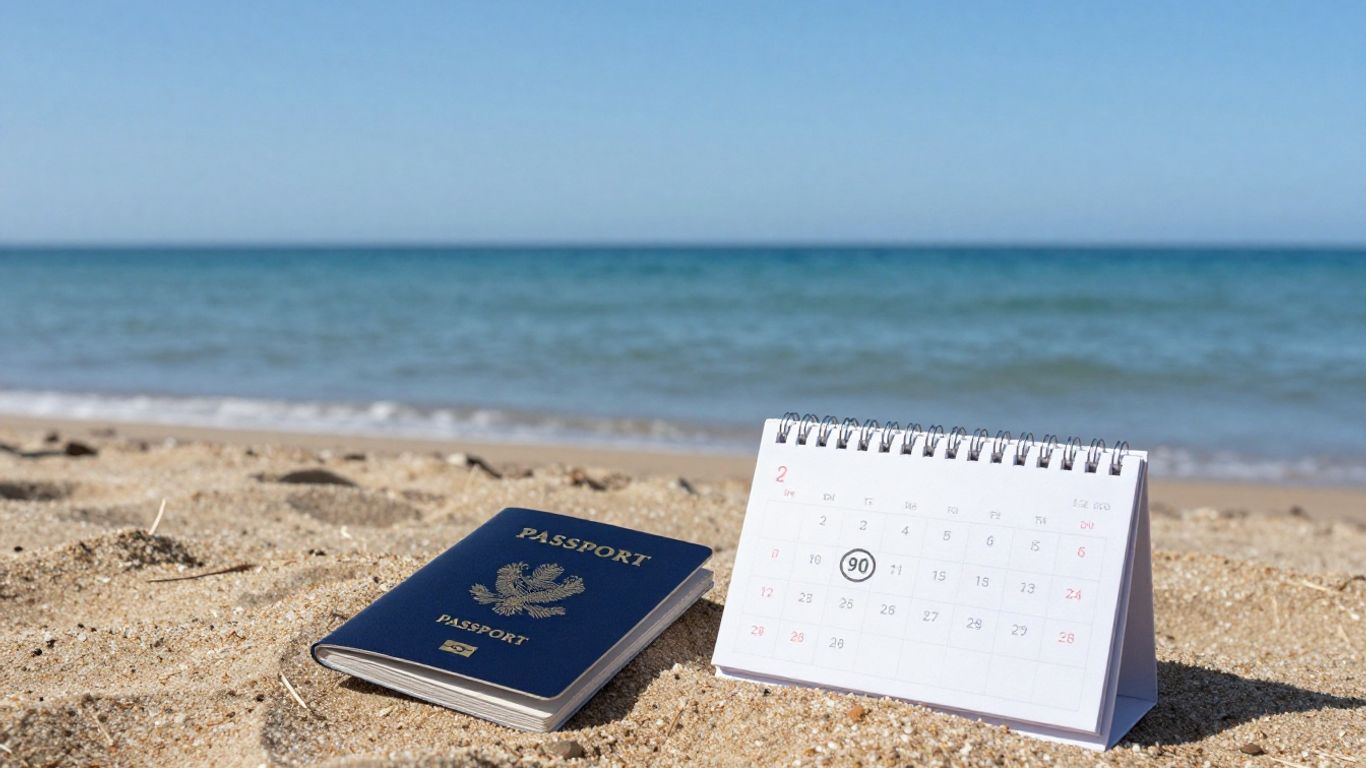 Spanish coast with passport and calendar indicating 90 days.