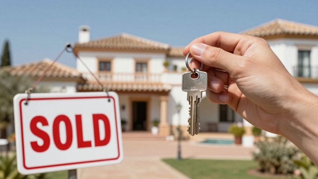 Spanish property purchase: key, villa, and cityscape.