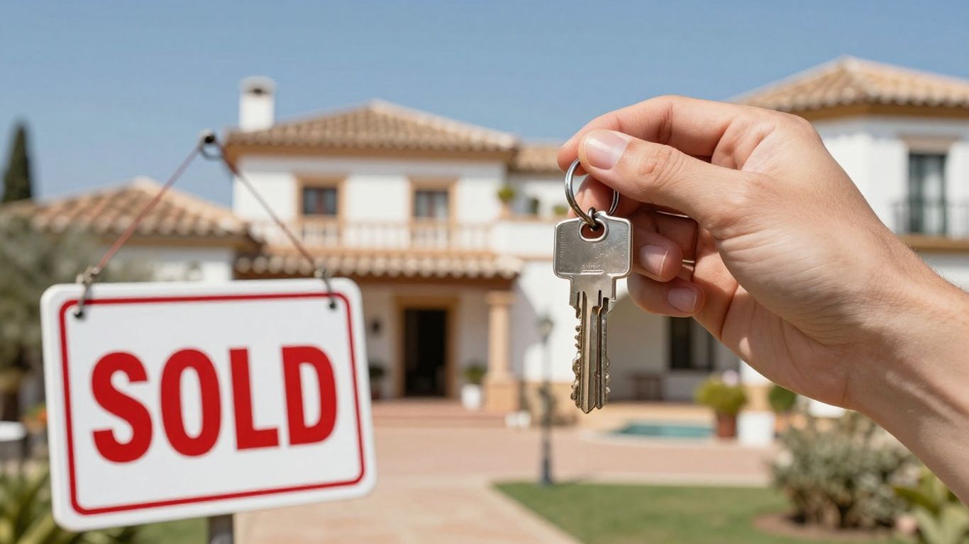 Spanish property purchase: key, villa, and cityscape.