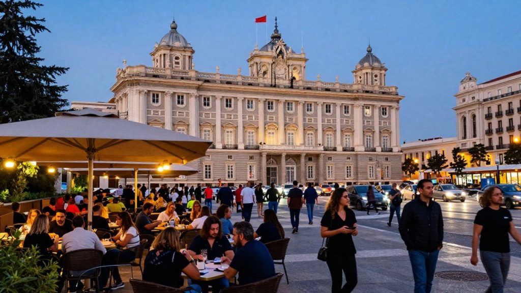 Madrid cityscape with people enjoying city life.