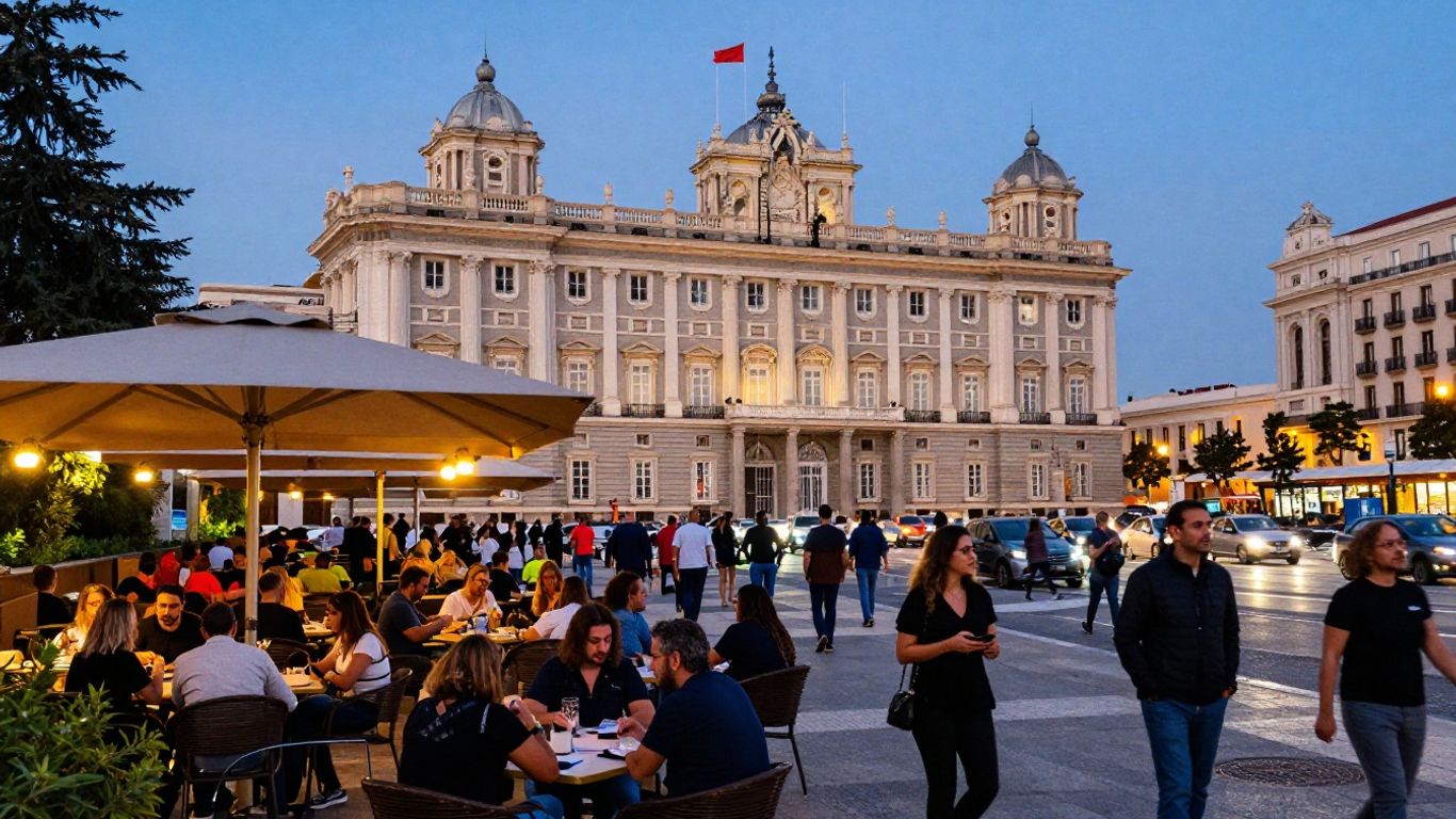 Madrid cityscape with people enjoying city life.