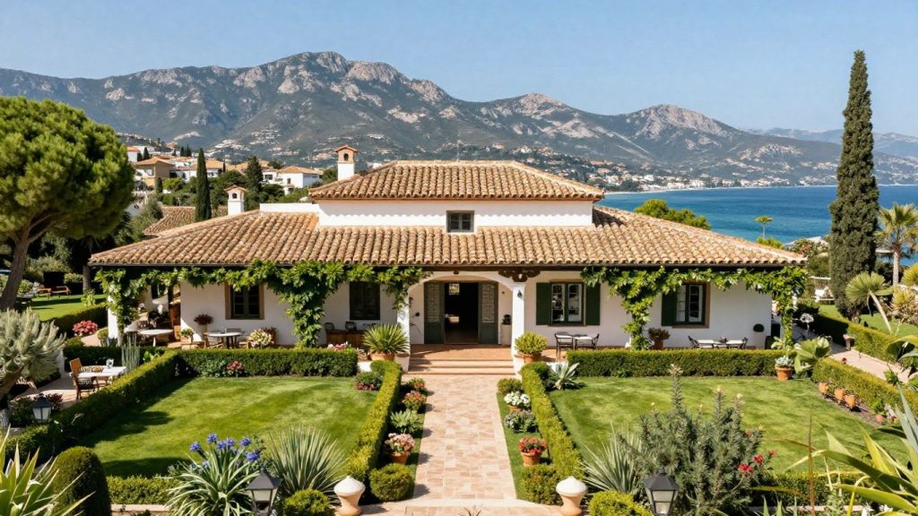 Spanish villa overlooking Mediterranean coast with gardens.